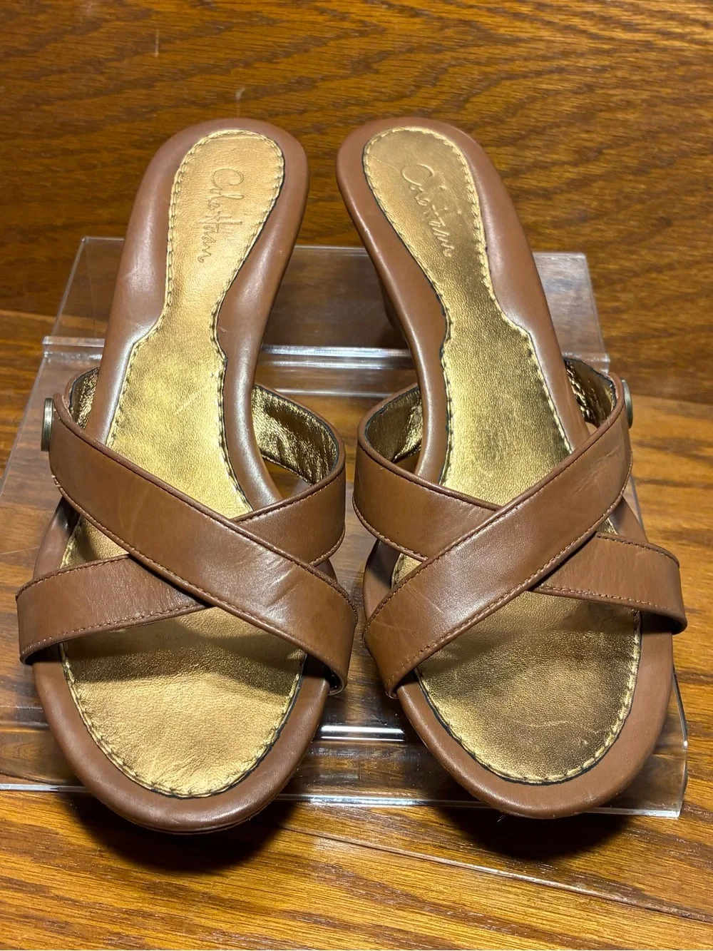 Y2K VTG Cole Haan Leather Cross Strap Medallion Wedge Slide Sandals Tan Sz 7